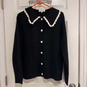 Sezane Black 100% Merino Wool Detailed Trim Cardigan Sweater Large L